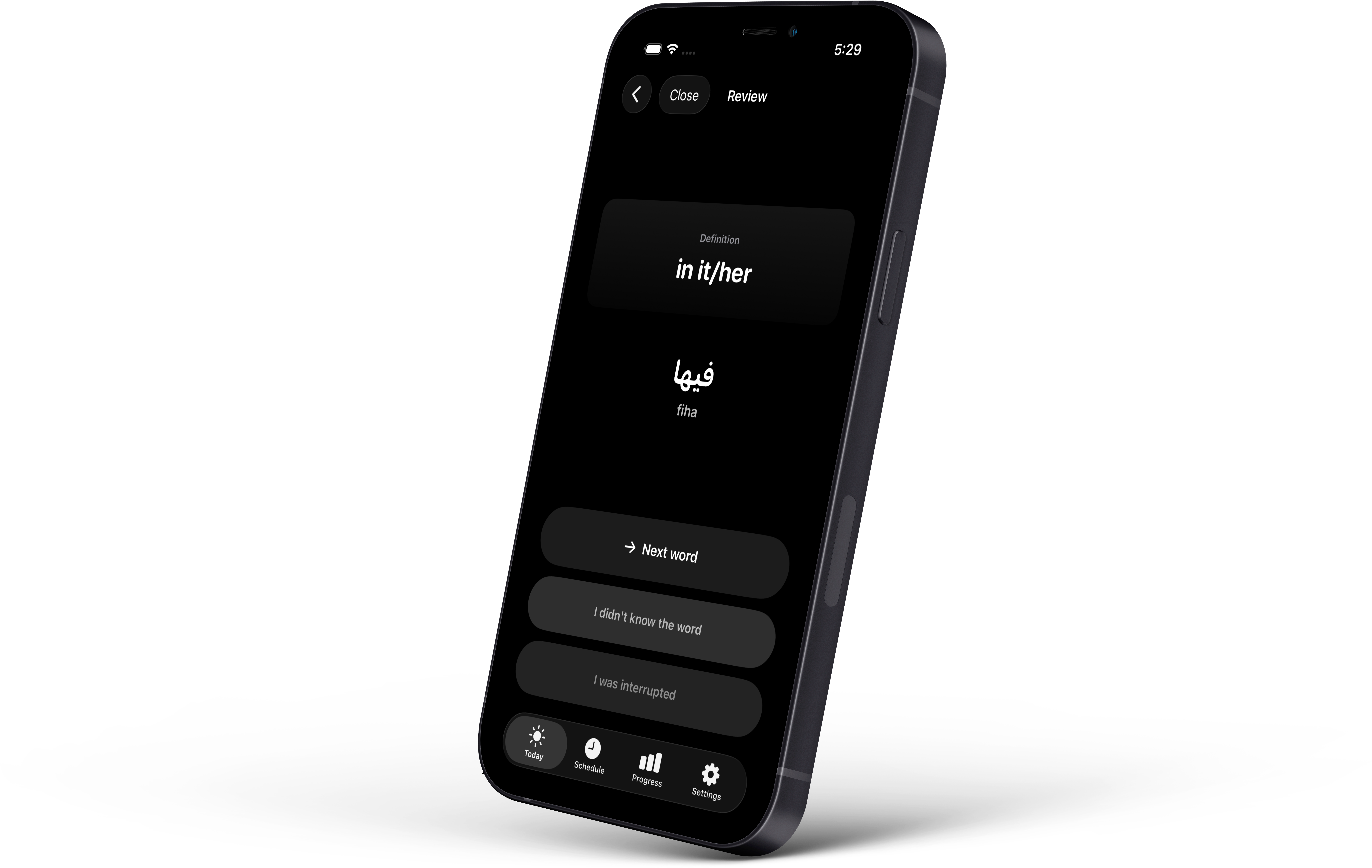 Vocabulum X Moroccan Darija review card on a phone showing the Arabic word فيها and its English meaning