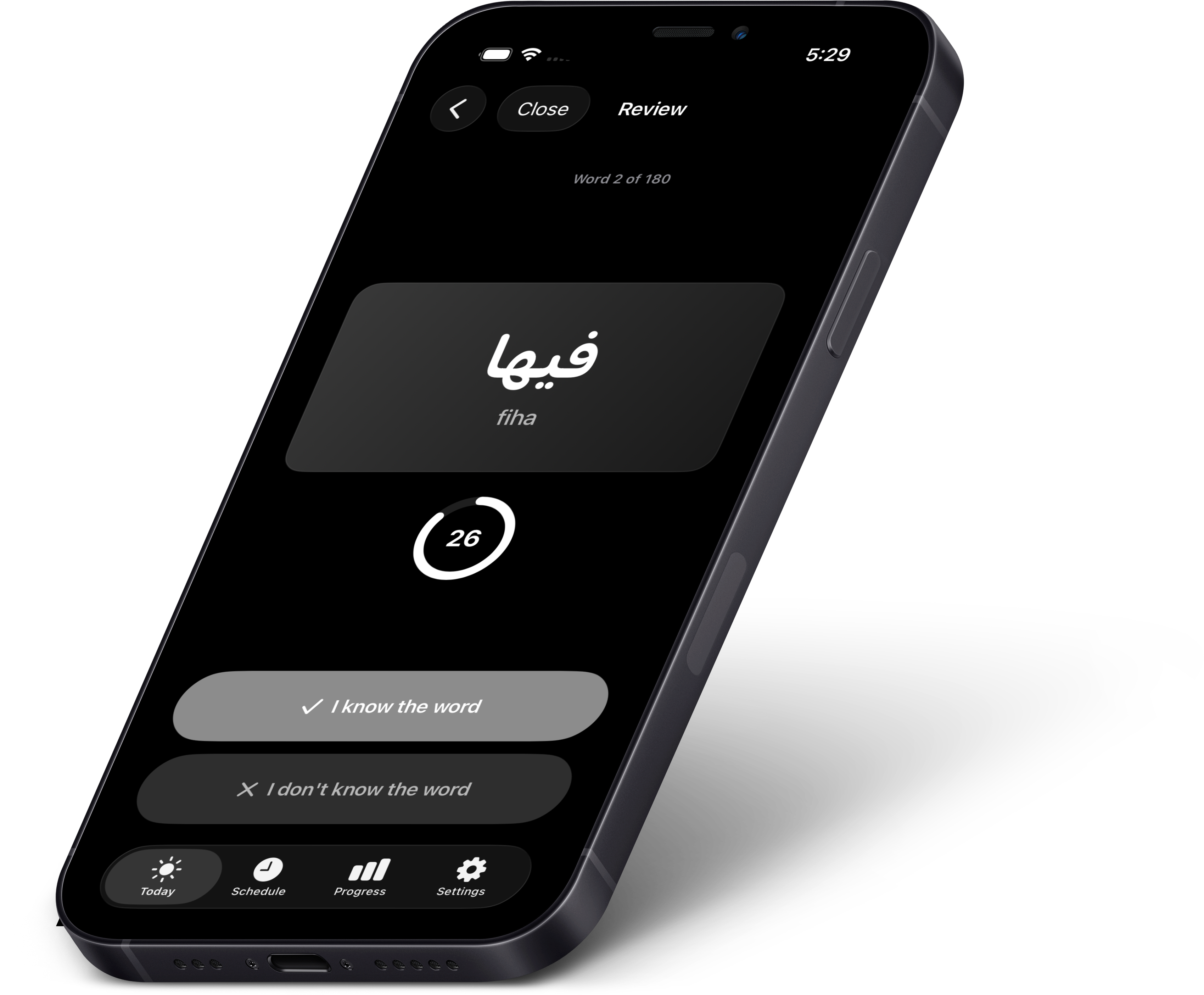 Vocabulum X Moroccan Darija flashcard showing an Arabic word and a 26-second recall timer