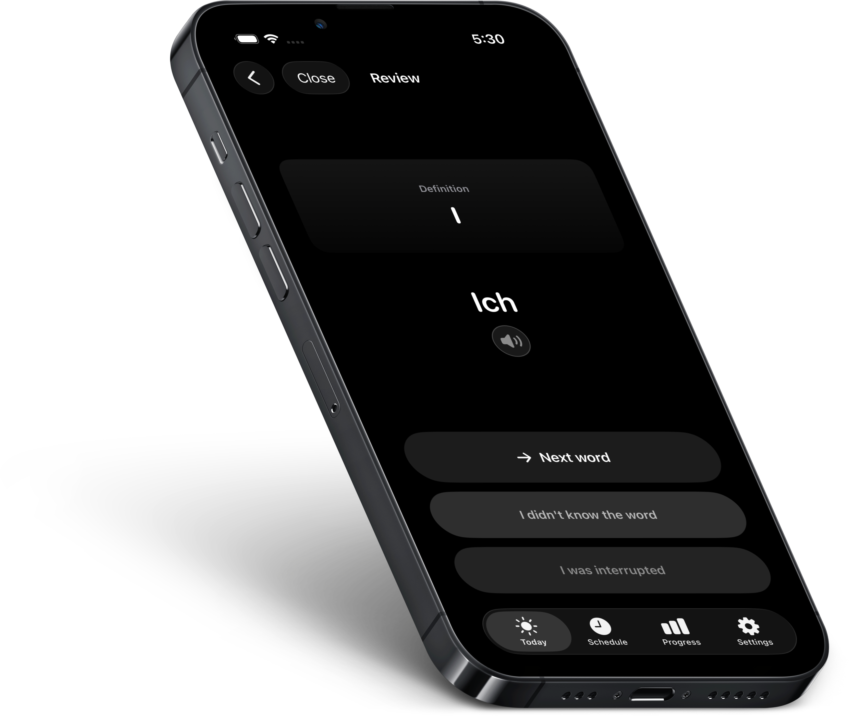 Vocabulum X German review card on a phone showing Ich and its English meaning after recall