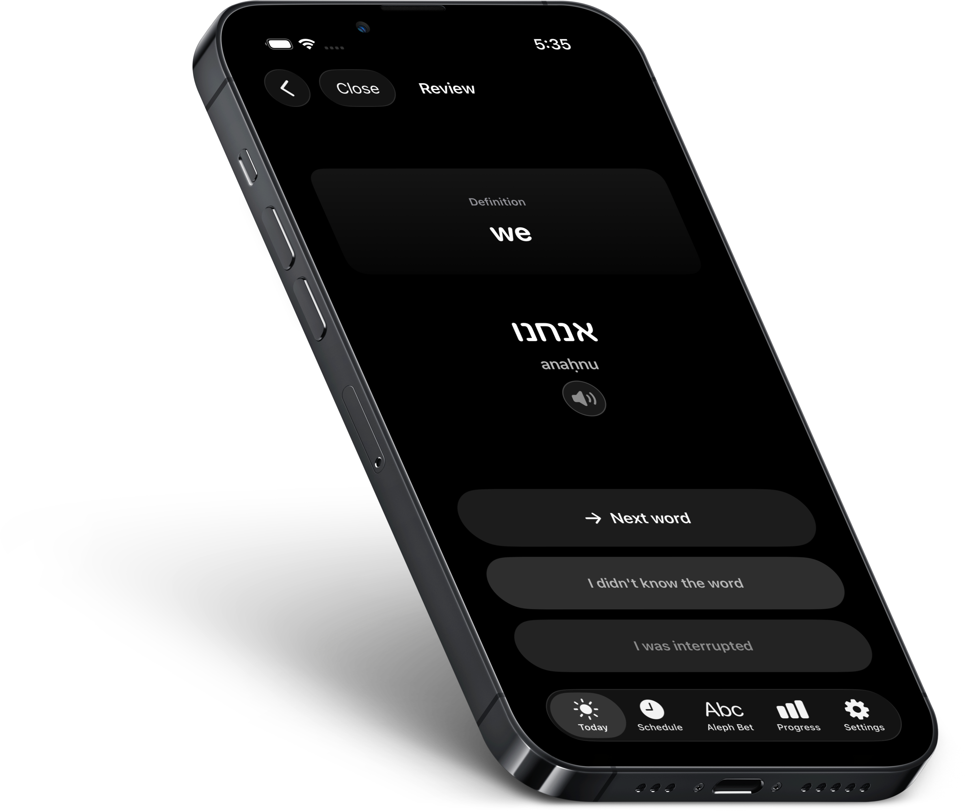 Vocabulum X Hebrew flashcard on a phone showing the English meaning after recall