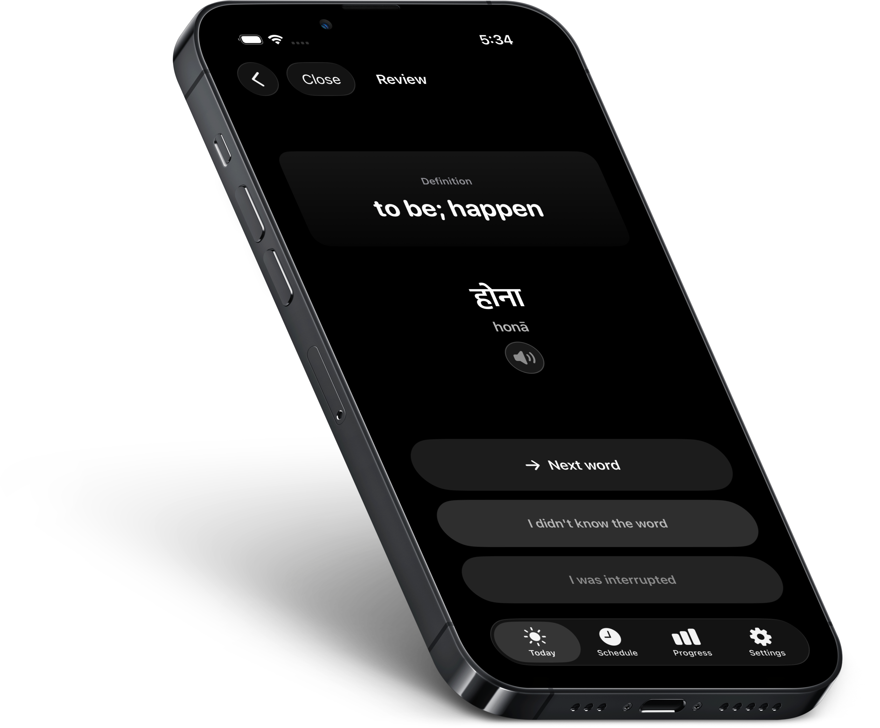 Vocabulum X reveals the English meaning of the Hindi word होना after a review