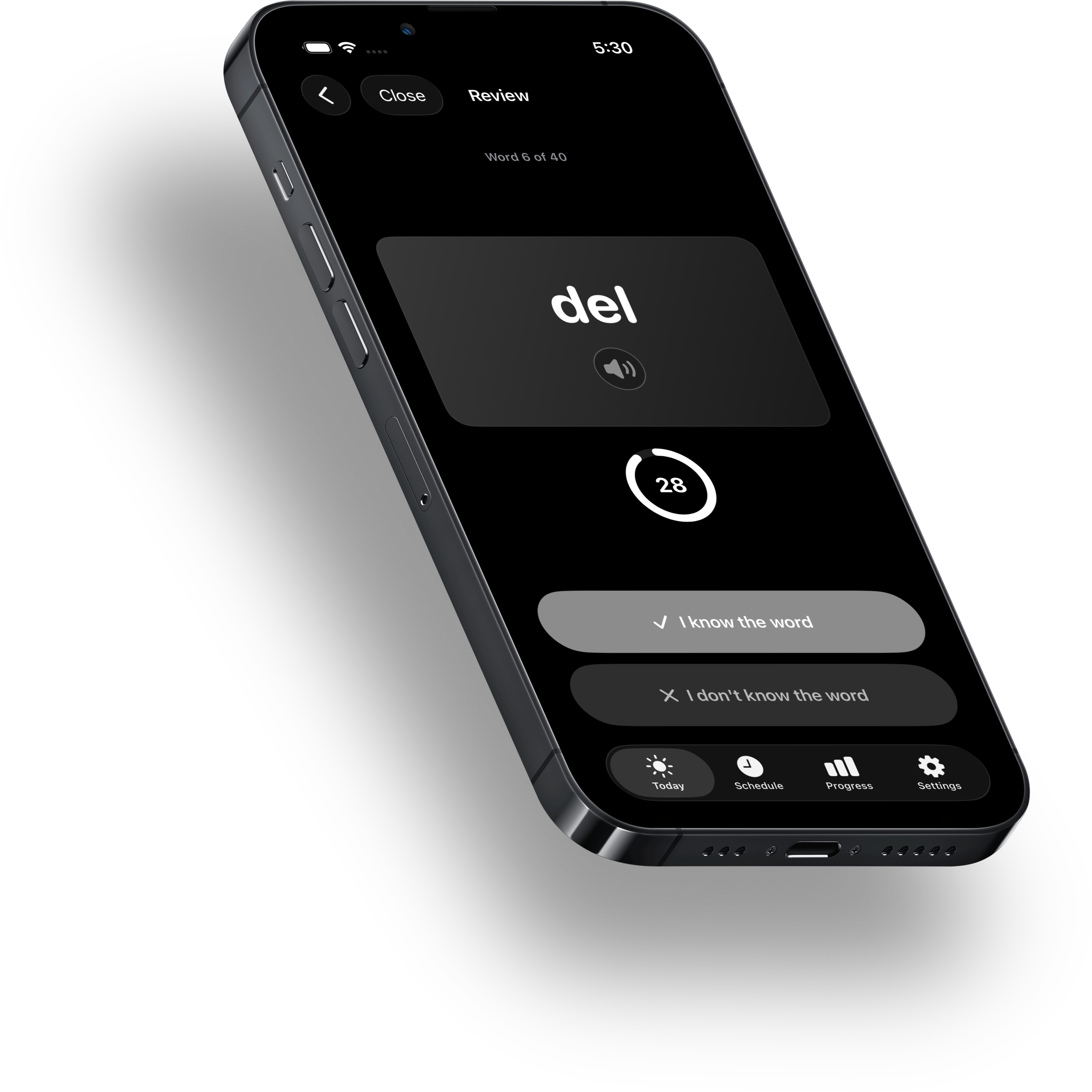 Vocabulum X timed Italian review card showing the word del on a phone