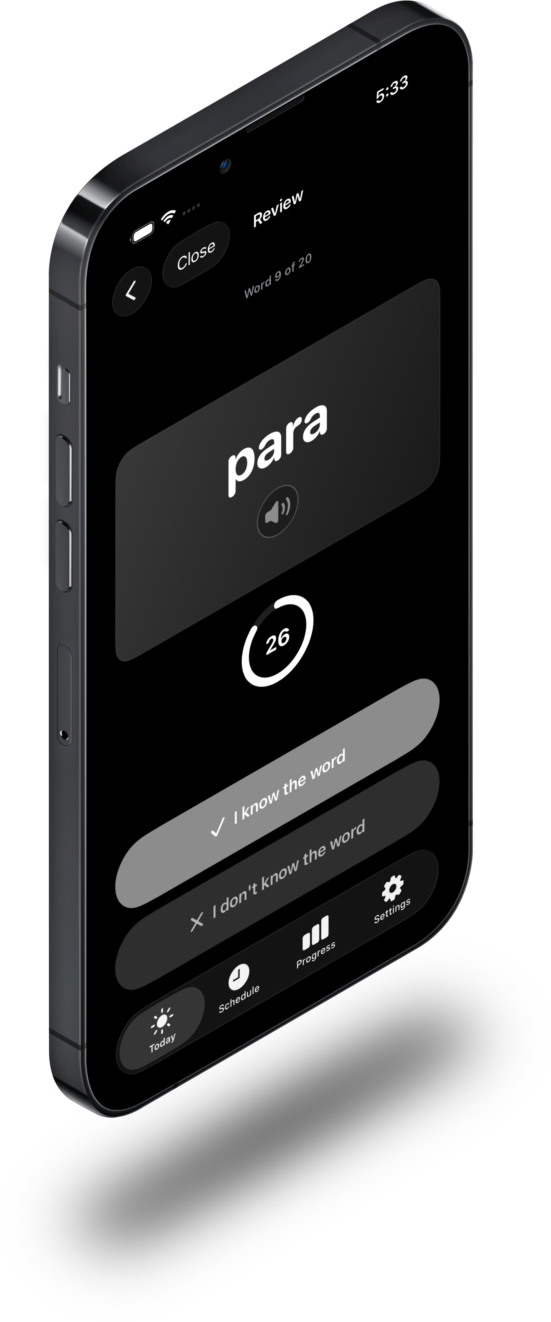 Vocabulum X Portuguese flashcard showing para with a 26-second recall timer