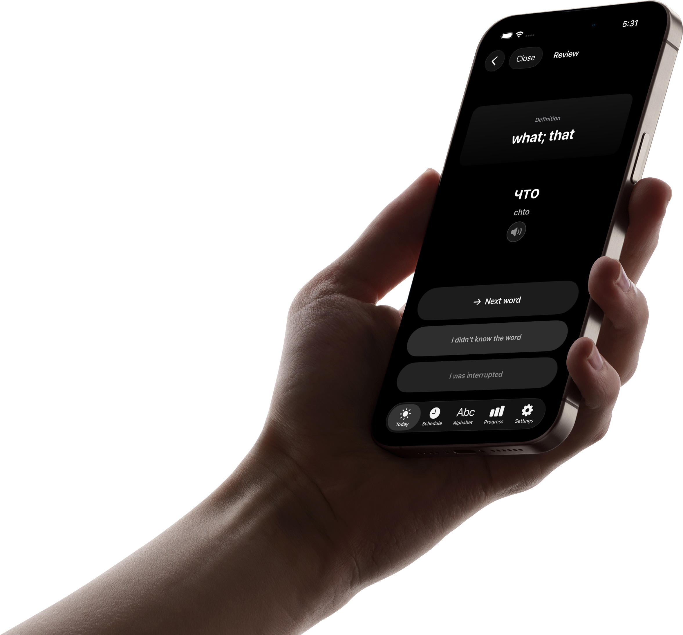A hand holding a phone with the Russian word что and its English meaning revealed in Vocabulum X