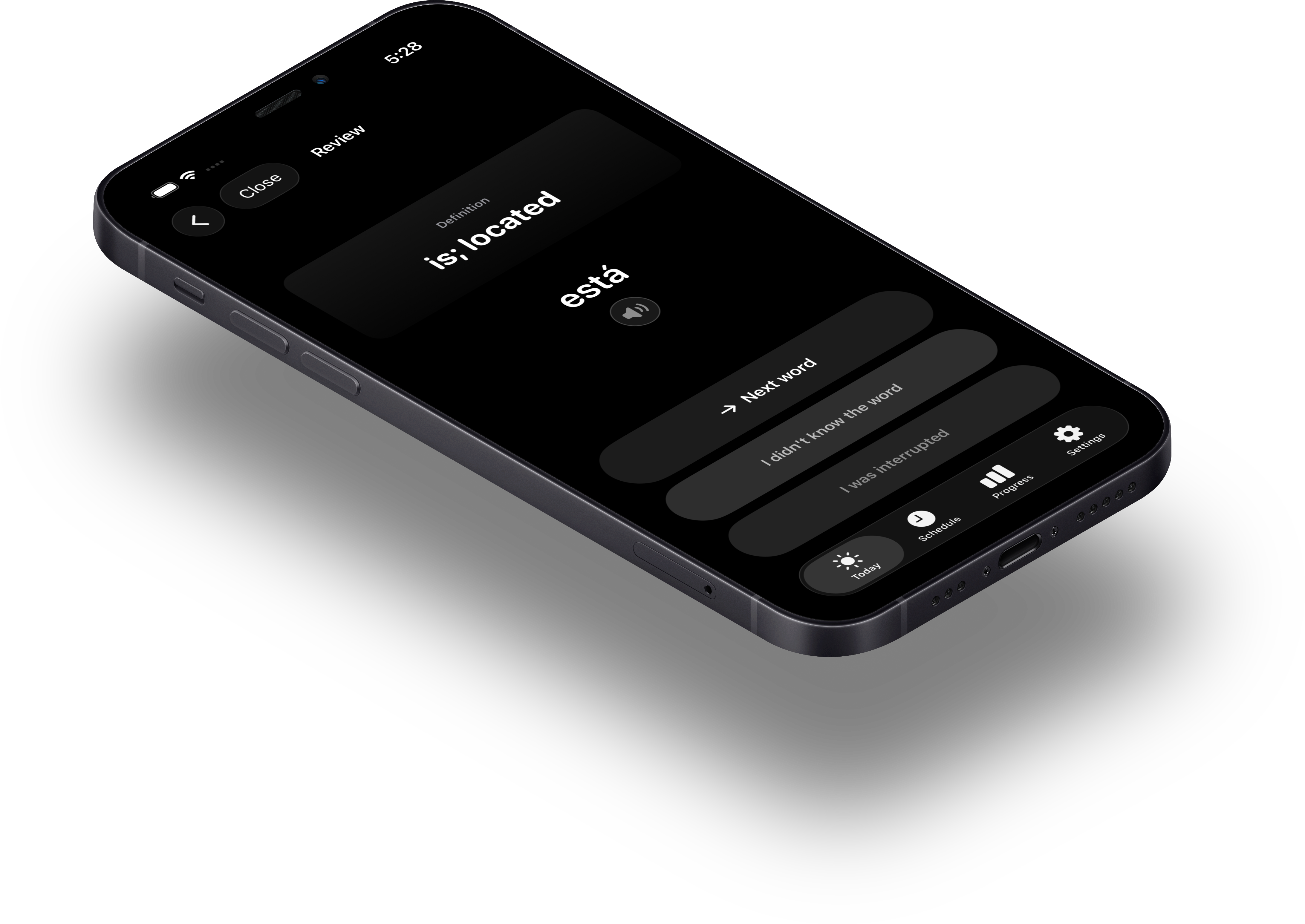 Vocabulum X review flashcard on a phone, showing the Spanish word está and its English meaning