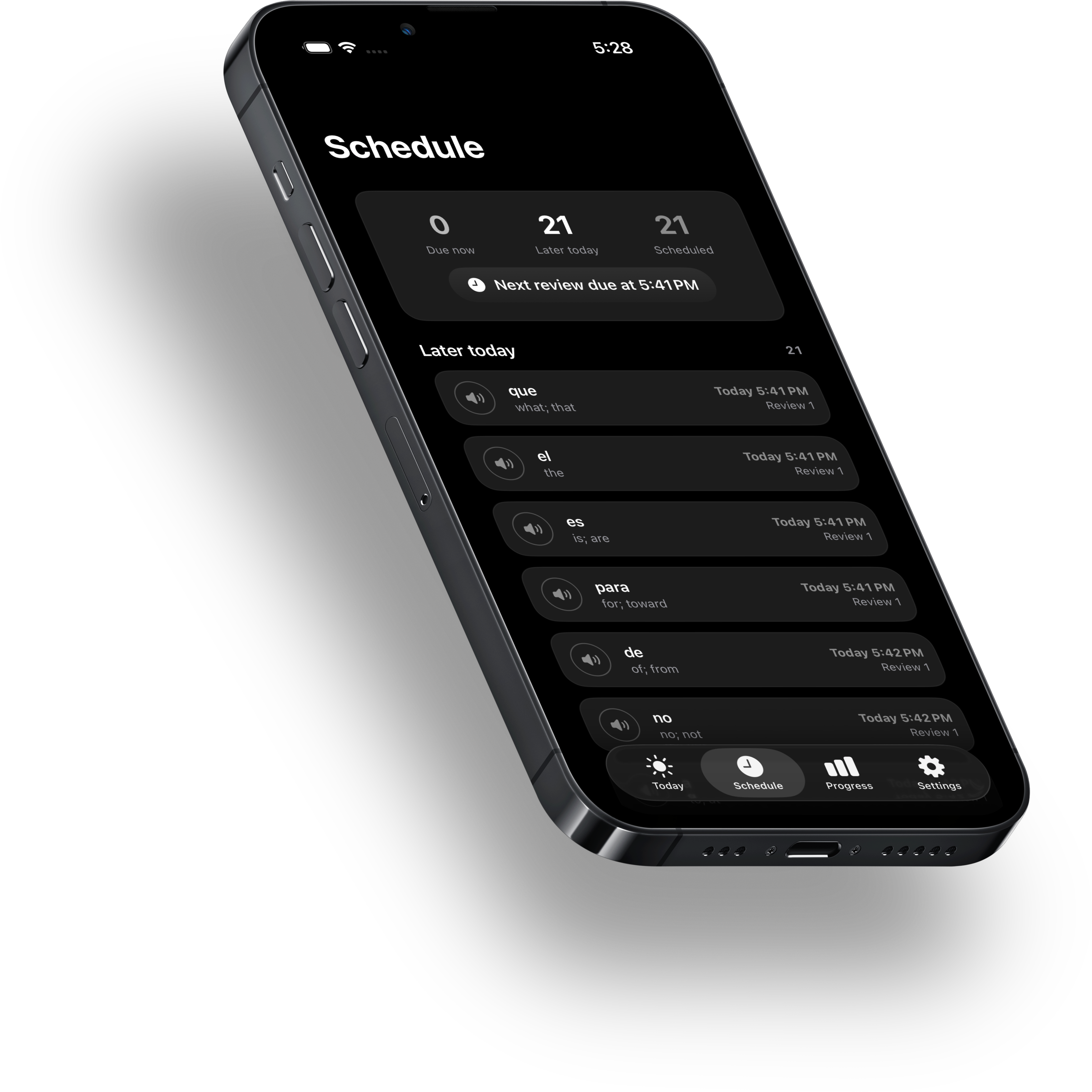 Vocabulum X schedule on a phone, showing Spanish words queued for their next review